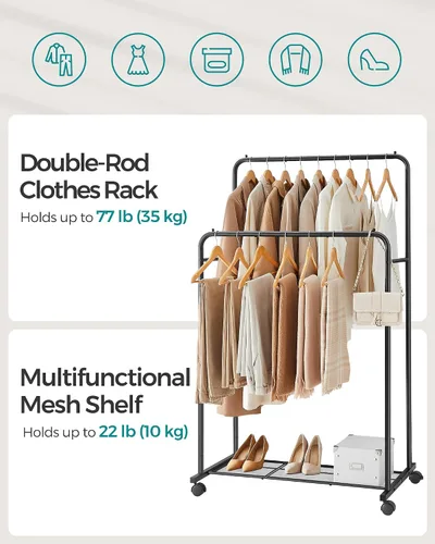 Vista 3 de SONGMICS Perchero de doble barra con ruedas, perchero para colgar ropa, perchero resistente con estante de almacenamiento de malla, 2 frenos, cada