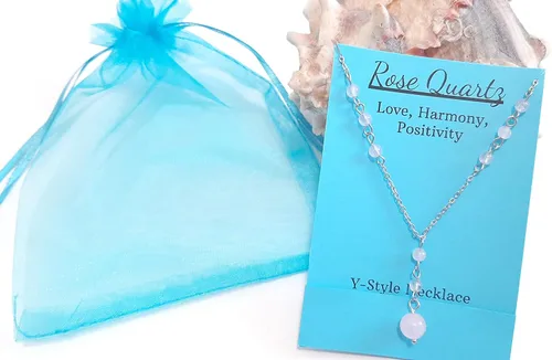 Vista 2 de Natural Crystal Bead Rose Quartz Y Shaped Lariat Necklace Non-Tarnish Steel Chain