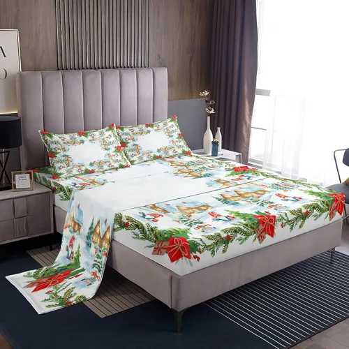 Vista 14 de Juego de sábanas tamaño individual, sábanas para árbol de Navidad, sábanas y fundas de almohada de microfibra de 3 piezas, juego de sábanas