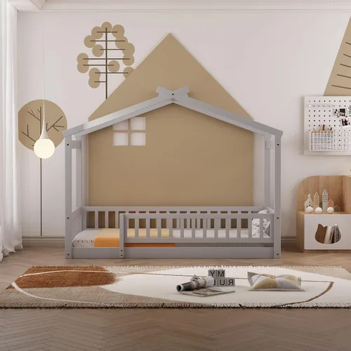 Vista 3 de Cama con dosel con valla, moderna cama de plataforma de madera maciza con cabecera y soporte de listones, moderna cama con paneles de 4 carteles Gris