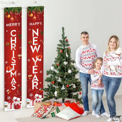 Vista 9 de KatchOn, Cartel de Feliz Navidad – 72 x 12 pulgadas, paquete de 2 Cartel de Feliz Año Nuevo para decoraciones de Año Nuevo 2025 Cartel de puerta