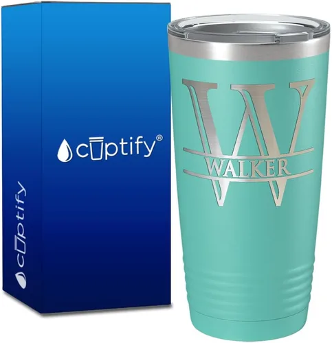 Vista 19 de Vaso personalizado de regalo de cumpleaños para mujeres y hombres, con monograma de escritura dividida, inicial y nombre grabado en negro, taza
