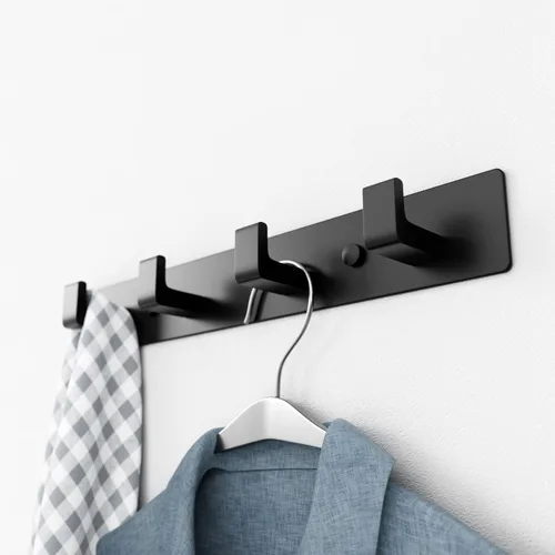 Vista 4 de GWAAZXGZ Perchero negro para montaje en pared, 12.5 pulgadas, moderno riel de gancho de metal con 4 ganchos en ángulo recto, organizador montado