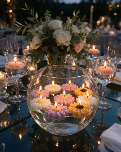 Vista 8 de Velas de colores flotantes de manzanilla, velas grandes perfumadas románticas de 2 pulgadas para jarrones cilíndricos, centros de mesa en bodas
