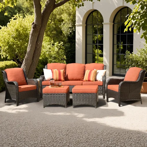 Vista 41 de Juego de muebles de exterior para patio, silla y sofá (ratán marrón, beige, 3 piezas)