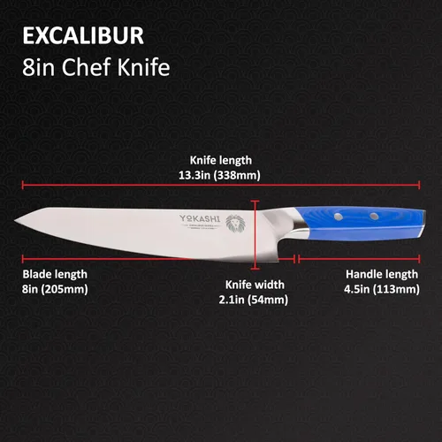 Vista 13 de YOKASHI Excalibur Cuchillo de Chef - Cuchillo de cocina de acero alemán duradero de 8 pulgadas - Cuchillo de cocina afilado para picar, rebanar