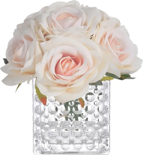 Vista 16 de Arreglo de centro de mesa de rosa artificial de seda en florero de vidrio con luz LED para decoración de bodas en el hogar (Negro)