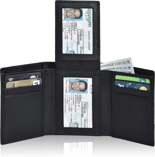 Vista 8 de Cartera de cuero RFID hecha a mano para hombres, elegante cartera de bolsillo frontal triple con 2 ranuras para identificación y 9 tarjetas, Azul