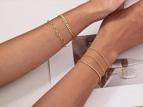 Vista 5 de Picuzzy Pulseras de oro para mujer, de oro real de 14 quilates, apilables, impermeables, juego de joyas para mujer, a la moda, delicadas, bonitas