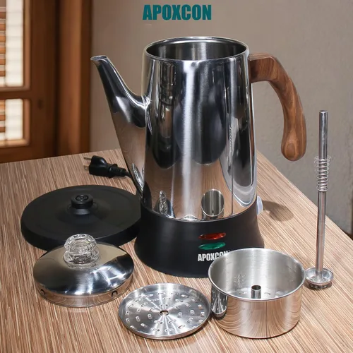 Vista 3 de APOXCON Cafetera eléctrica de acero inoxidable con dos perillas de vidrio resistentes al calor y mango de madera tratada con función de mantener