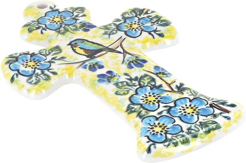 Vista 4 de Cerámica polaca de rosa azul - Cruz de Alyssa amarilla - 7" x 4.5" - Cruz de pared de cerámica polaca pintada a mano