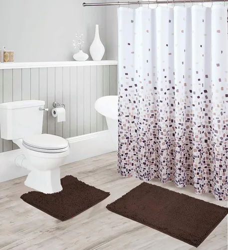 Vista 7 de Linen Plus - Juego de baño que incluye tapete de baño de felpilla suave antideslizante, tapete de contorno, cortina de ducha y ganchos de acero