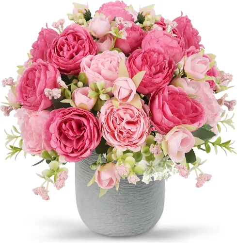 Vista 19 de Flores artificiales de seda, ramo de peonías sintéticas beige, 4 paquetes de arreglos florales para decoración de casa de campo, centro de mesa