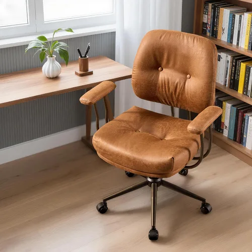 Vista 24 de Silla de oficina Mid Century Modren, silla ejecutiva giratoria con soporte lumbar, silla de escritorio ergonómica de respaldo medio con ruedas Beige