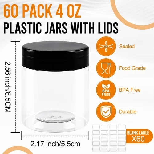 Vista 8 de 60 Pack 4 Oz Plastic Jars with Lids Labels, Cosmetic Jars, Slime Containers