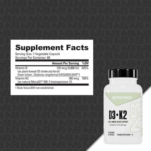 Vista 2 de NutraBio Vitamina D3 K2 5000 UI D3 como colecalciferol con vitamina K2 como MENA-Q MK7 (180 mcg) Apoya la salud ósea y cardíaca Sin OMG, sin