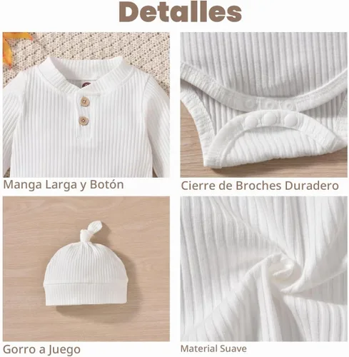 Vista 4 de Traje acanalado de manga larga neutral para bebé con sombrero y diadema Blanco