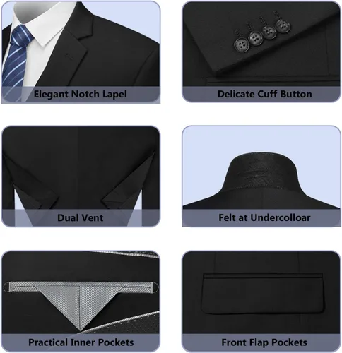Vista 5 de Cooper & Nelson Conjunto de traje ajustado de 3 piezas para hombre, chaqueta sólida con un botón, chaleco y pantalones con corbata
