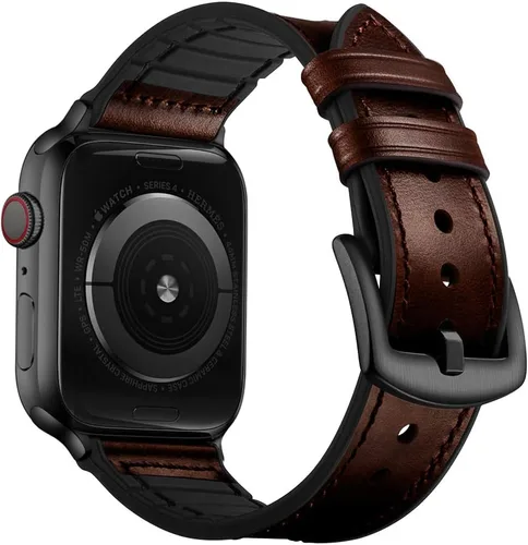 Vista 20 de OUHENG Correas de cuero compatibles con Apple Watch de 42mm 41mm 40mm 38mm, correa híbrida de cuero genuino y goma para iWatch Series 11 10 9 8 7 6