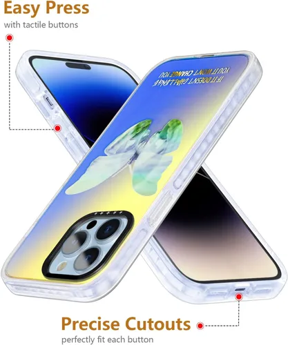 Vista 8 de SCORPIFY Funda para iPhone 14 Pro Max con diseño iridiscente de mariposa azul, bonita funda transparente para mujeres y niñas