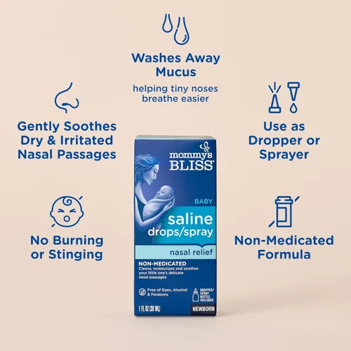 Vista 3 de Mommy's Bliss Gotas/aerosol salino, alivio nasal para recién nacidos y más, 1 onza líquida