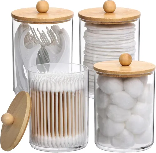 Vista 8 de Tbestmax Tarros de baño con soporte Qtip de 10 onzas para hisopos de bolas de algodón, dispensador de almacenamiento, tapa de bambú (paquete de 2)