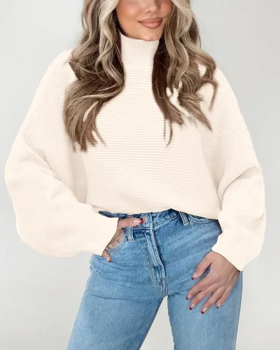 Vista 3 de KIRUNDO Suéter de punto de cuello alto corto para mujer, manga murciélago, suéter Y2K casual suelto