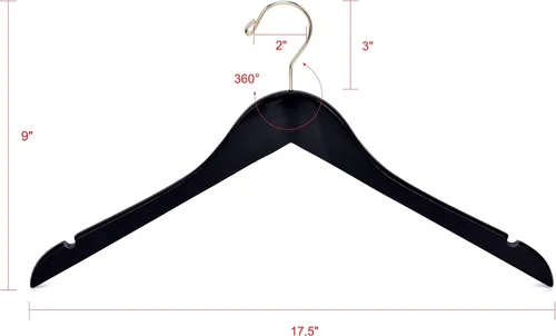 Vista 6 de Perchas de madera semicurvada negra de calidad, paquete de 10 perchas de madera maciza con acabado liso con gancho giratorio, chaqueta, pantalón