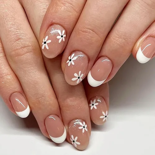Vista 35 de Uñas postizas cortas en forma de almendra SWEKKE con punta francesa, uñas falsas con diseños de flores 3D en amarillo y rosa, uñas adhesivas