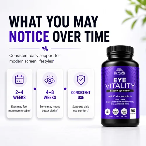 Vista 5 de HerbaMe Suplemento de vitaminas para los ojos con luteína, arándano, betacaroteno, L-taurina, zinc y quercetina, 90 cápsulas, apoya la visión