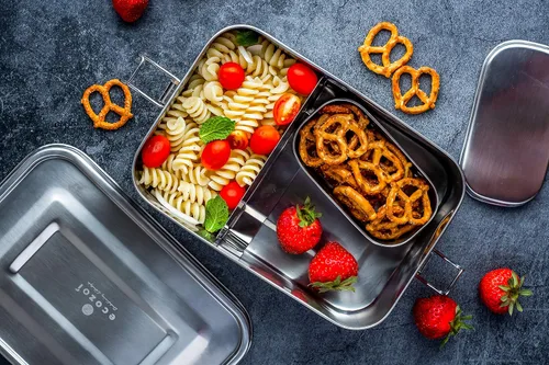 Vista 5 de ecozoi Lonchera Bento de acero inoxidable, 50 onzas, lonchera de 2 compartimentos con divisor extraíble y mini cápsula de salsa, a prueba de fugas