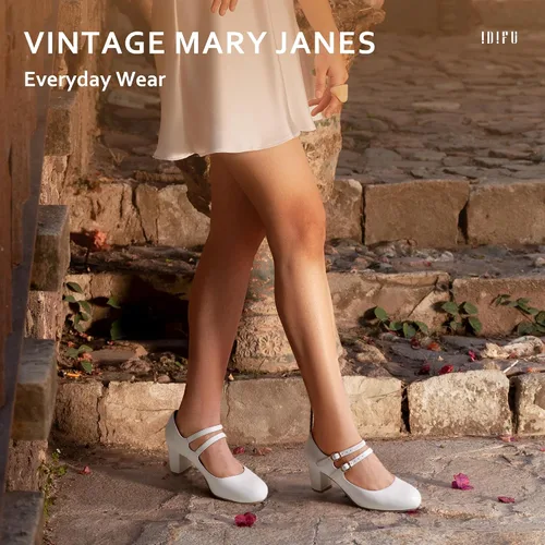 Vista 3 de IDIFU Zapatos de vestir para mujer, zapatos de tacón Mary Jane, tacón bajo, punta redonda, cerrada, boda, oficina, trabajo