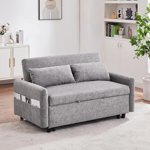 Vista 17 de Elegante sofá cama convertible de 54.7 pulgadas, sofá modular con cama extraíble con dos puertos USB y 4 almohadas, sofá biplaza para espacio