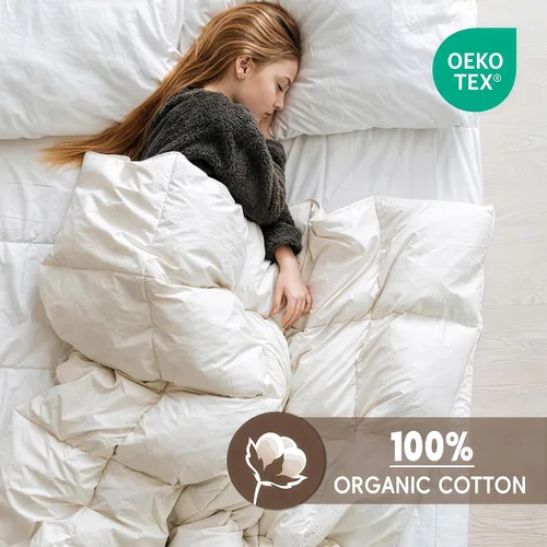 Vista 7 de puredown® Edredón de plumas de ganso, funda de edredón 100% algodón orgánico para todas las estaciones, transpirable, esponjoso, cálido, edredón