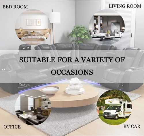 Vista 6 de Sofá reclinable de cuero transpirable con luz LED, sofá modular eléctrico con consola de almacenamiento, soporte para tazas para cine en casa, sala