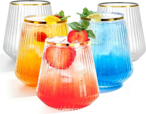 Vista 10 de BESTSTAR 36 Piezas Copas de Vino de Plástico Transparente Acanalado de 12 onzas, Copas de Champán Desechables de Origami Onduladas, Elegantes Vasos
