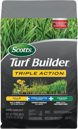 Vista 15 de Scotts Turf Builder Triple Action1, combinación de control de malezas, prevención de malezas y fertilizante, 25-0-2, 5,000 pies cuadrados, 14.10