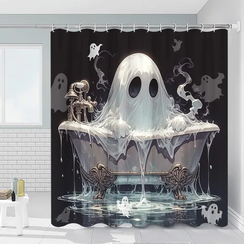 Vista 3 de Cortina de ducha espeluznante de terror para Halloween, fondo negro, decoración de ambiente festivo, decoración de baño, poliéster, impermeable