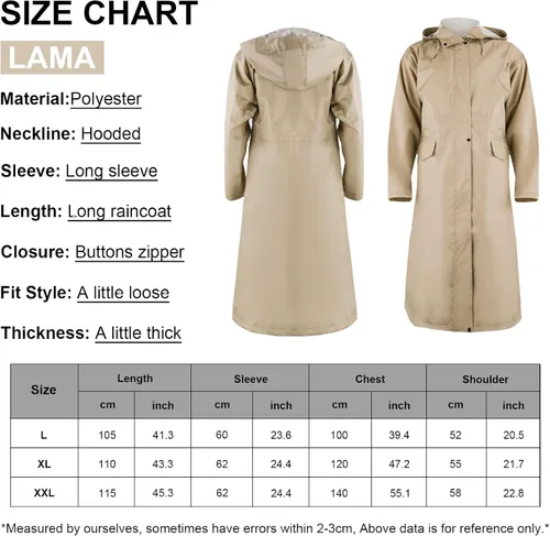 Vista 2 de LAMA Impermeable largo con capucha para mujer, impermeable de longitud completa con bolsillo y cremallera, ropa impermeable plegable, impermeable