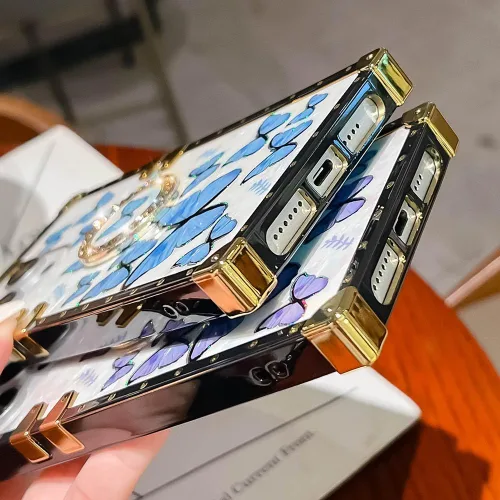 Vista 6 de Funda Rectangular de Lujo Femenina Compatible con iPhone 16 Pro Max Diseñada con Soporte de Anillo de Diamante con Función de Atril