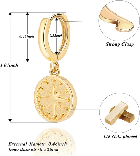 Vista 6 de Aretes de moneda de oro para mujer, chapados en oro de 14 quilates, aretes de aro delicados con moneda de dije mal de ojo