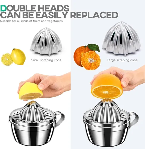 Vista 8 de Homestia Exprimidor manual de cítricos de acero inoxidable – Exprimidor de toronja de naranja limón con 2 conos desmontables, cuenco de 14 onzas
