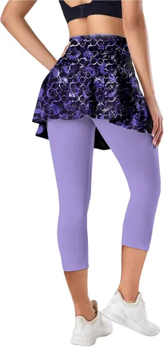 Vista 4 de QINGXUN Leggings con falda de tenis para mujer con 2 bolsillos, leggings de yoga con faldas estampadas, faldas de tenis con leggings para mujer