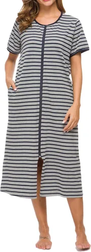 Vista 8 de Camisones de Manga Corta con Cremallera Frontal para Mujer, Batas de Algodón de Longitud Completa, Bata Suelta de Casa/Ropa de Descanso con Bl&blanco