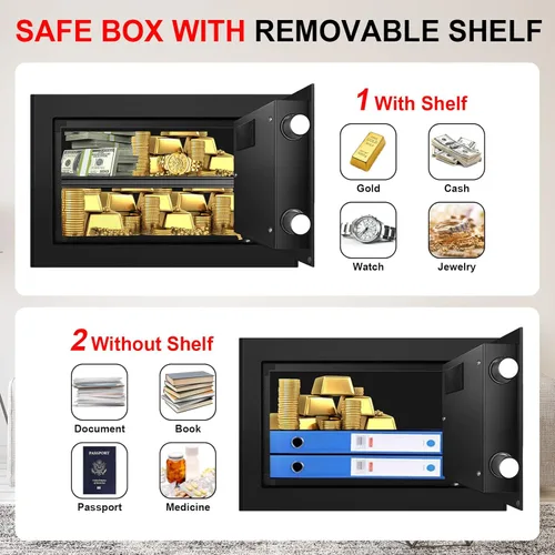 Vista 4 de Cajas fuertes pequeñas para uso doméstico, caja de seguridad digital con cerradura de combinación, llaves de repuesto y estante extraíble, caja