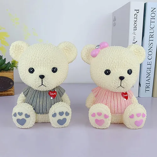 Vista 3 de Alcancía de oso de peluche de dibujos animados de resina, lindo oso monedero, caja de monedas, caja de ahorro de monedas para regalo de niños