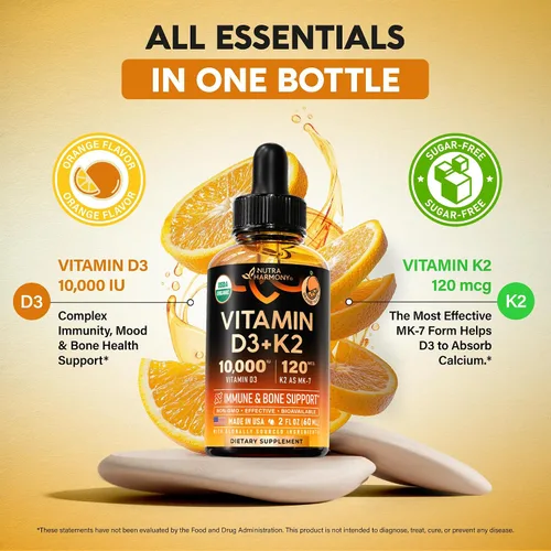 Vista 6 de Gotas Orgánicas USDA de Vitamina D3 K2 – Vitamina D3 10000 UI y K2 como MK-7 120mcg – Apoyo inmunológico y del estado de ánimo, salud de huesos