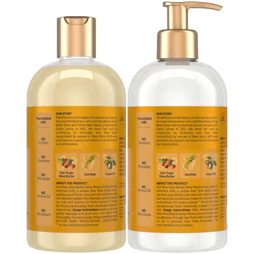 Vista 2 de Shea Moisture champú de manteca de karité de 13 oz y acondicionador fortalecedor 13 oz Fair Trade Raw Shea Butter, Sea Kelp & Argan Oil Moisture