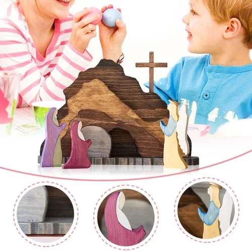 Vista 4 de IoF Adorno de escena de resurrección de Pascua, decoración de Pascua religiosa de madera, figuras de tumba vacía cristiana de madera, juego