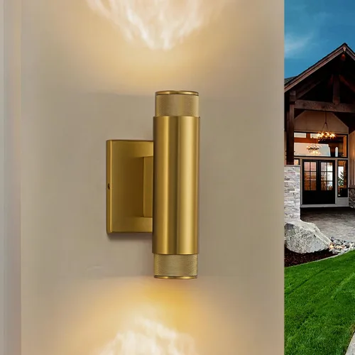 Vista 18 de Luces de pared doradas hechas a mano para exteriores, de 10 pulgadas, luces LED de pared para patio, accesorios de iluminación exterior Oro hecho a